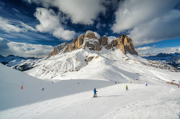 Sunny view of Belvedere valley near Canazei of Val di Fassa, Trentino-Alto-Adige region, Italy.