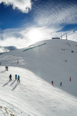 Sunny view of Belvedere valley near Canazei of Val di Fassa, Trentino-Alto-Adige region, Italy.