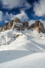 Sunny view of Belvedere valley near Canazei of Val di Fassa, Trentino-Alto-Adige region, Italy.