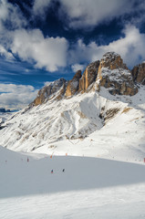 Sunny view of Belvedere valley near Canazei of Val di Fassa, Trentino-Alto-Adige region, Italy.