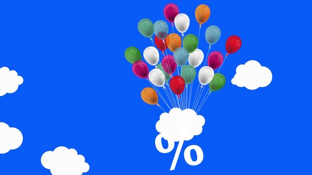 Flying Percent with colored balloons in the sky