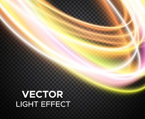 Colorful vector light effect on transparent background. Banner layout with multicolored magic glowing curves