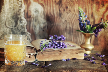scratches effect on photo retro book on wooden drink breakfast