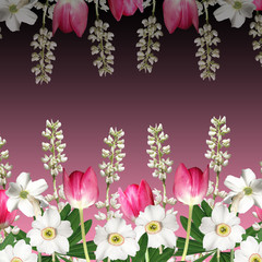 Beautiful floral background with narcissus, tulips and lupine  