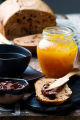 chocolate brioche with orange jam.selective focus