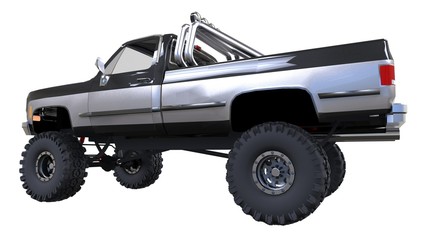 Large pickup truck off-road. Full - training. Highly raised suspension. Huge wheels with spikes for rocks and mud. 3d illustration. © whitecityrecords