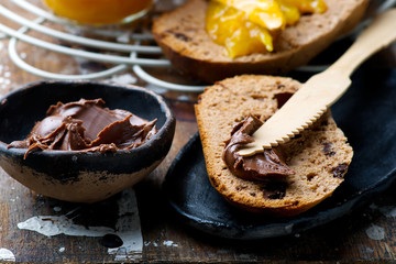 chocolate brioche with orange jam.selective focus