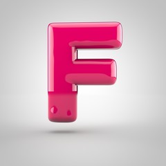 Glossy pink paint letter F uppercase. 3D render of bubble font with glint isolated on white background.