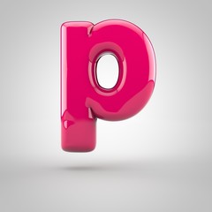 Glossy pink paint letter P lowercase. 3D render of bubble font with glint isolated on white background.