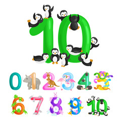 ordinal number 10 for teaching children counting ten penguins with the ability to calculate amount animals abc alphabet kindergarten books or elementary school posters collection vector illustration