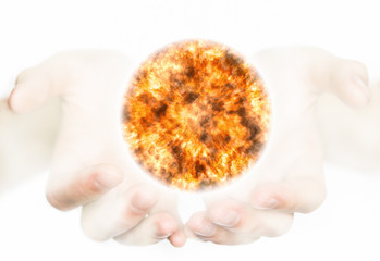 Hands holding a star. Symbolic image the idea of thermonuclear fusion. The picture generated in the...