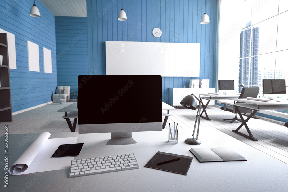Aufkleber 3d rendering : illustration of modern interior creative designer office desktop with pc computer.com