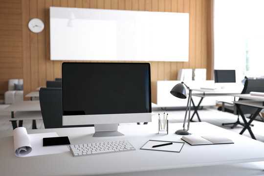 3D Rendering : illustration of modern interior Creative designer office desktop with PC computer.computer labs.working place of graphic design.close-up.Mock up.shiny floor.light from outside