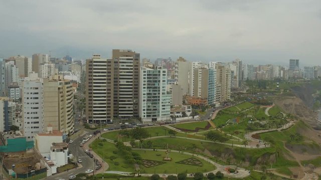 Lima Peru Aerial v30 Flying low over cliff side parks panning in Miraflores.