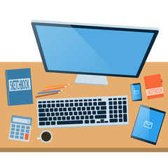 Flat design modern vector illustration concept of creative office workspace, workplace. Top view of desk background with laptop, digital devices, office objects, books and documents with long shadows.