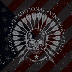Skull front view without a lower jaw and feather from back arrows. Vintage print on USA flag