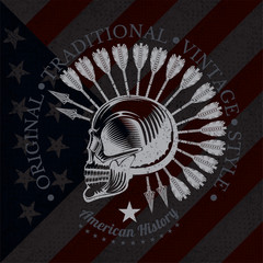 Skull profile view with a lower jaw and feather from back arrows. Vintage print on USA flag