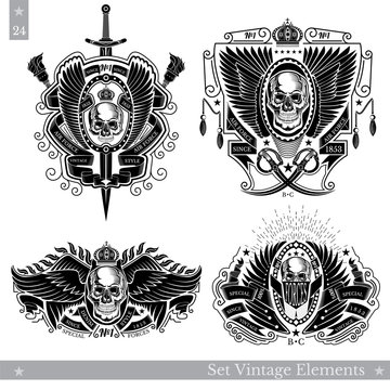 skull front view between wings and diferent element around. Set of vintage banners on white