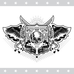 Skull front view without a lower jaw between wings, ribbons and cross sabers. Vintage label isolated on white