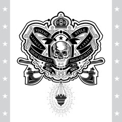 Skull front view in center of winding ribbon pattern with icon-lamp and cross axe behind. Heraldic vintage label on white