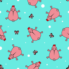 Seamless vector pattern for children. pig top view and and bows on a gentle turquoise background.