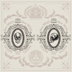 Two line pattern frames with skull front view and profile in center. Heraldic vintage background