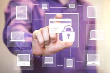 Businessman pressing button credit card lock security online network computer
