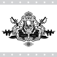 Skull front view without lower jaw in center floral pattern and winding ribbon with cross sabers behind. Heraldic vintage label on white