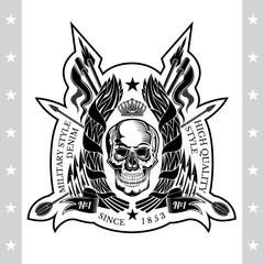 Skull front view in center of laurel wreath with cross spears and flags. Heraldic vintage label on white