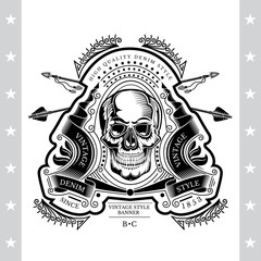 Skull front view in center of winding ribbon with cross arrows and line pattern. Heraldic vintage label on white