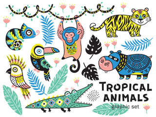 Set of tropical animals with crocodile, tiger, monkey, hippopotamus and chameleon