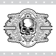 Skull front view without a lower jaw in center of line pattern. Heraldic vintage label on white