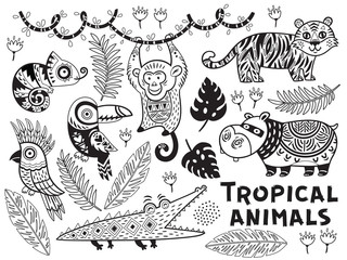 Black and white set of tropical animals