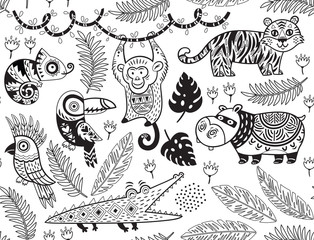 Seamless pattern with tropical animals in monochrome style