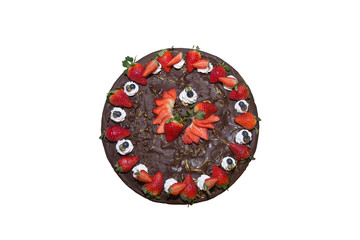 strawberry birthday cake on white background, round, view from above