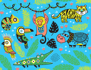 Seamless pattern with tropical animals