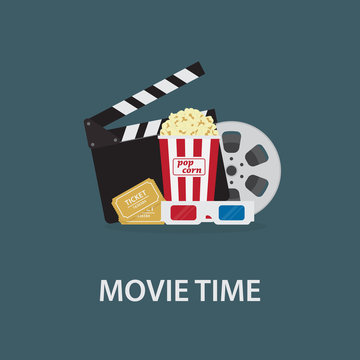 Movie Time Illustration. Flat Popcorn, 3D Eyeglasses, Clapperboard, Ticket