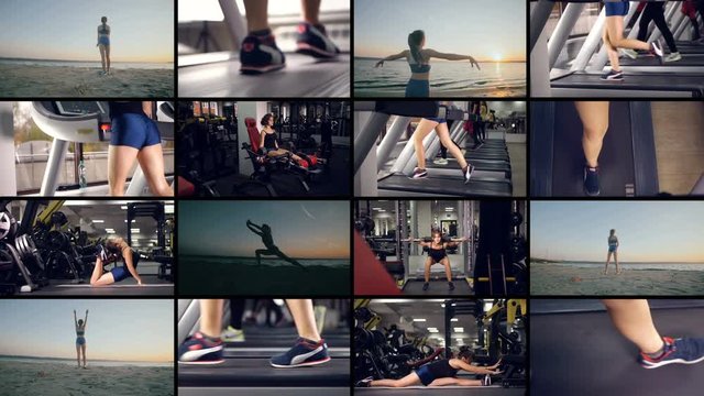 Sport concept. Being fit multiscreen montage. 4K