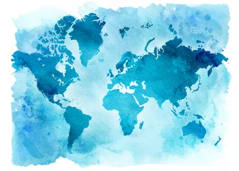 Vintage Weltkarte auf blauem Hintergrund. Aquarell-Illustration. © Leyasw