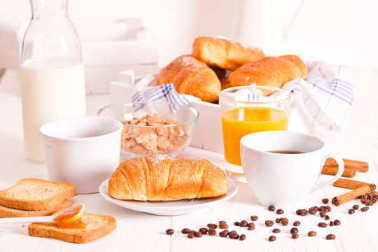 Breakfast with croissants. 