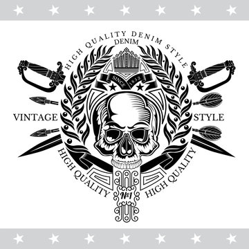 Skull front view in center of round laurel wreath with cross swords and arrows. Heraldic vintage label on white