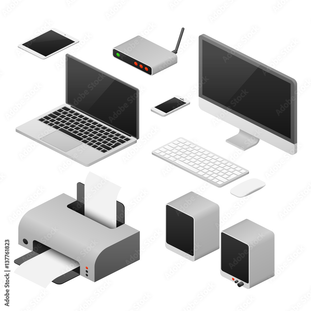 Poster isometric 3d digital vector computers and supplies of office workspace