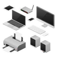 Isometric 3D digital vector computers and supplies of office workspace