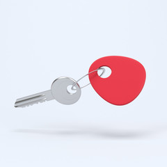 Red plastic keyring with key 3d rendering