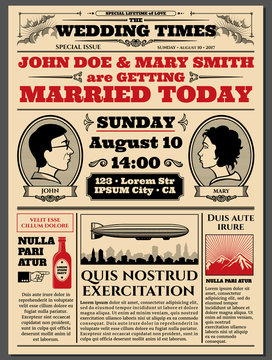 Vintage newspaper front page, wedding invitation vector layout