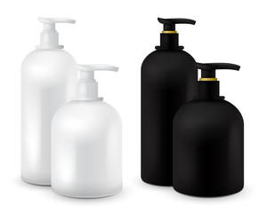 Big set of Jar with liquid soap for your logo and design is easy to change colors. Realistic black and white cosmetic container for soap cream, lotion. Mock up bottle.