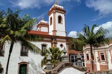 Close up  of historic baroque church Igreja matriz Nossa Senhora do Pilar, Ouro Preto, UNESCO World heritage site, Minas Gerais, Brazil