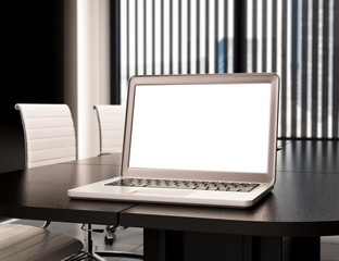 3D Modern meeting room with blank laptop screen. Mockup
