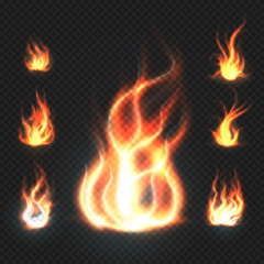 Realistic orange and red fire flames, fireballs isolated on transparent background vector illustration