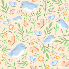 Watercolor floral pattern with blue birdies yellow butterflies and green leaves on peach background